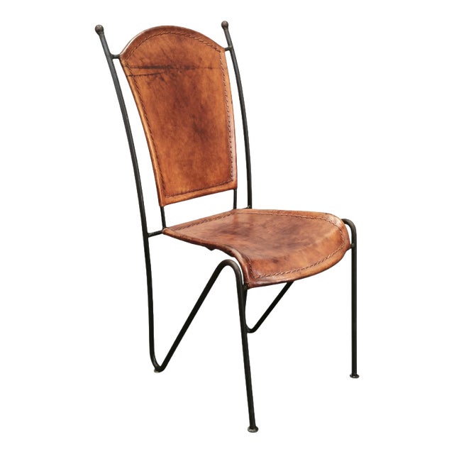 European Brutalist Wrought Iron and Cognac Leather Dining Chair, 1990s For Sale
