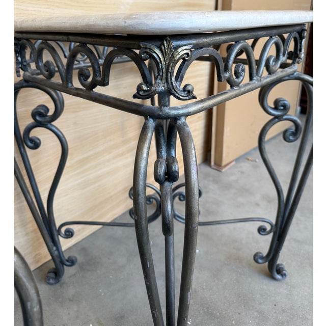 Early 20th Century Pair of Neoclassical Style Patinated Forged Iron Planter Stands with marble top For Sale - Image 12 of 18