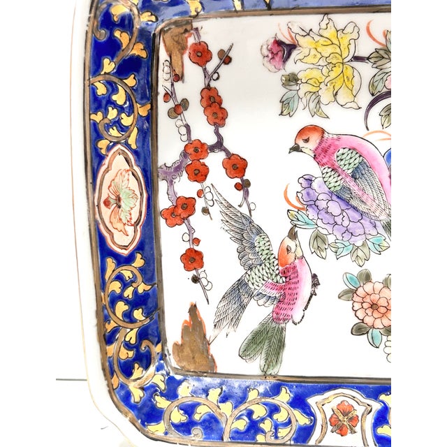 Chinoiserie Pair of Bird Chinoiserie Cobalt & Gilt Porcelain Catchall Trays For Sale - Image 3 of 11