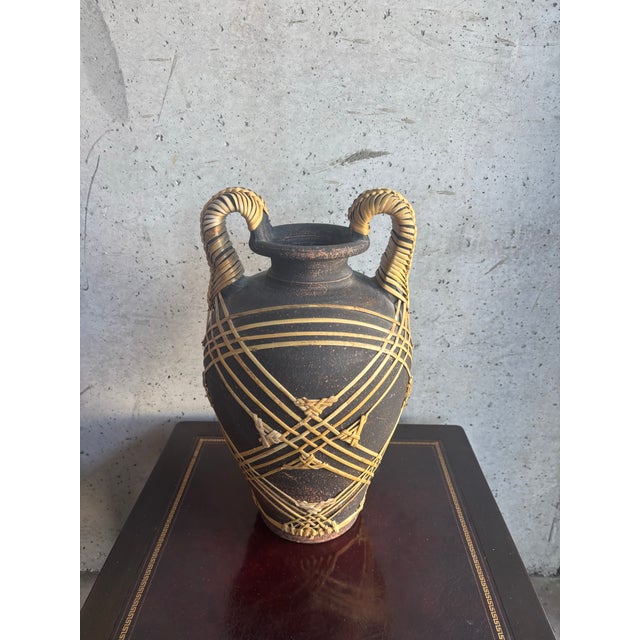 Ceramic Vintage Coastal Stoneware and Cane Floor Vase - Organic Modern For Sale - Image 7 of 8