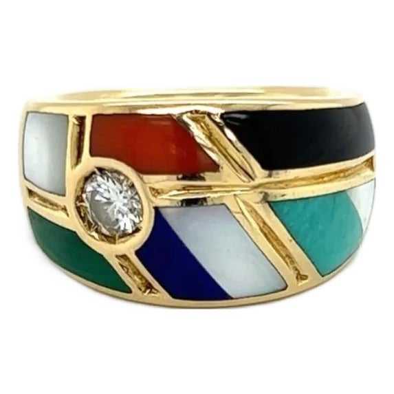 Mid 20th Century Asch Grossbardt 0.24ct Diamond Mosaic Gems Inlay 14k Yellow Gold Ring Size 6.5 For Sale