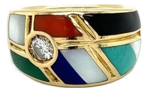 Mid 20th Century Asch Grossbardt 0.24ct Diamond Mosaic Gems Inlay 14k Yellow Gold Ring Size 6.5
