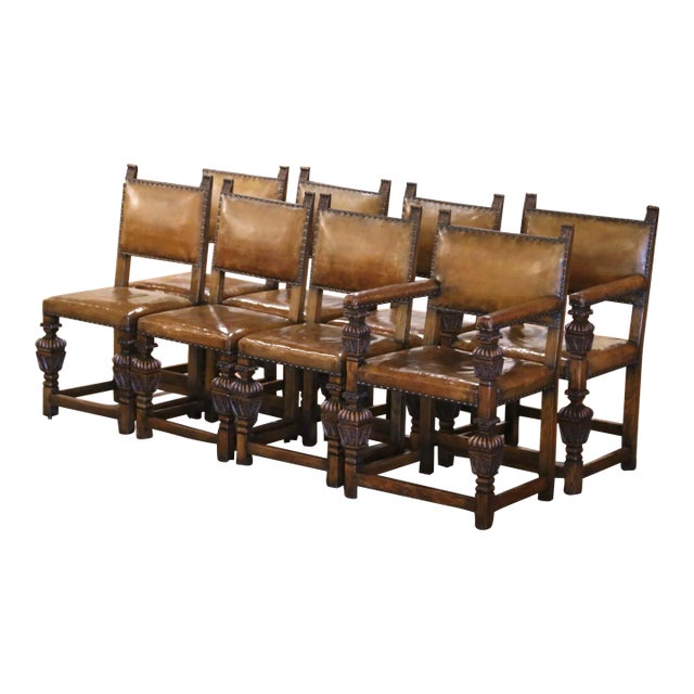 19th Century English Jacobean Oak Dining Chairs With Leather, Set of 8 For Sale