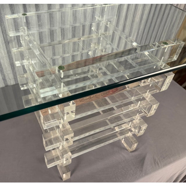 Karl Springer 1970s Stacked Lucite Glass Topped Coffee Table For Sale - Image 4 of 5