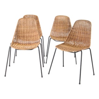 Wicker and Iron Chairs, 1970s, Set of 4 For Sale