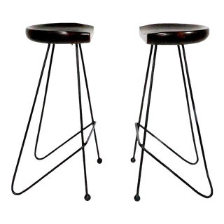 Pr. Mid Century Wrought Iron and Wood Bar Stools After Greta Grossman For Sale