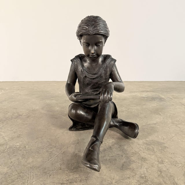 Seated Bronze Girl Reading Sculpture – 21" H, Child With Book For Sale - Image 4 of 12