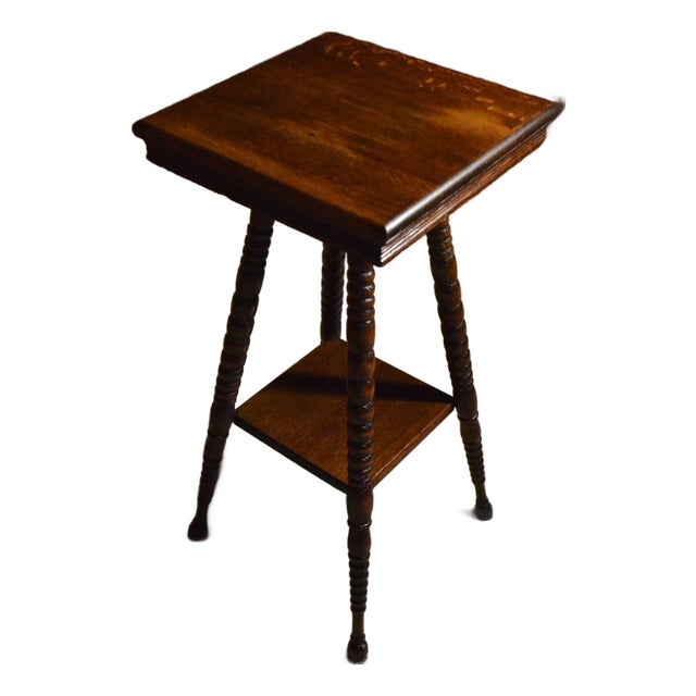 Antique Victorian Tiger Oak Parlor Side Table 2 Tier Eastlake Carved Spool Leg For Sale