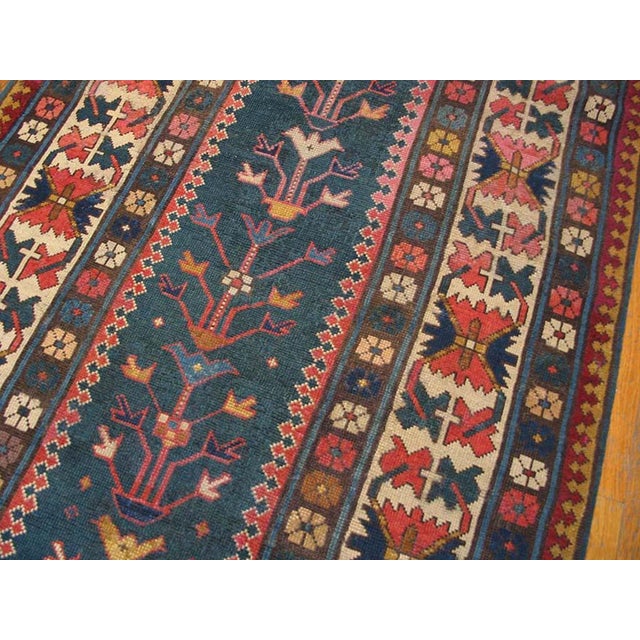 1880s Blue Navy Tribal Tree of Life Antique Caucasian Kazak Rug 3'7" X 8'2" Handknotted Wool Carpet For Sale - Image 4 of 6