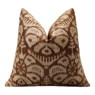 The Cognac & Cream Traditional Ikat Silk Velvet Pillow - 20" X 20" For Sale