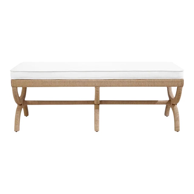 Matthew Izzo Home Xanadu Bench - Neo-Classical Natural Rope Bench With White Performance Linen Cushion For Sale
