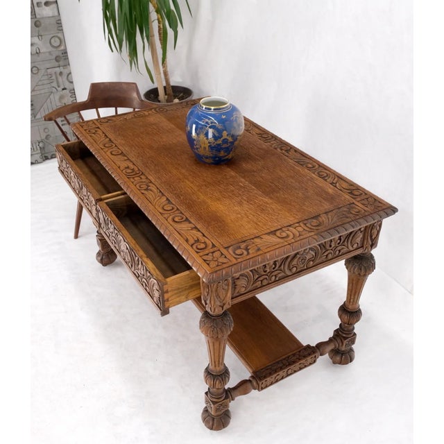 Carved Oak Small Partners Desk Console Writing Table For Sale - Image 12 of 13
