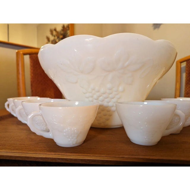 Late 20th Century Late 20th Century Anchor Hocking Mid Century Milk Glass Grape Design Punch Bowl - 16 Pieces For Sale - Image 5 of 12