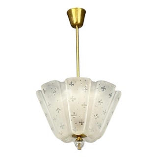 Nils Landberg, Rare Chandelier, Etched Glass, Brass, Sweden, 1940s For Sale