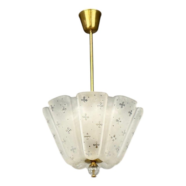 Nils Landberg, Rare Chandelier, Etched Glass, Brass, Sweden, 1940s For Sale