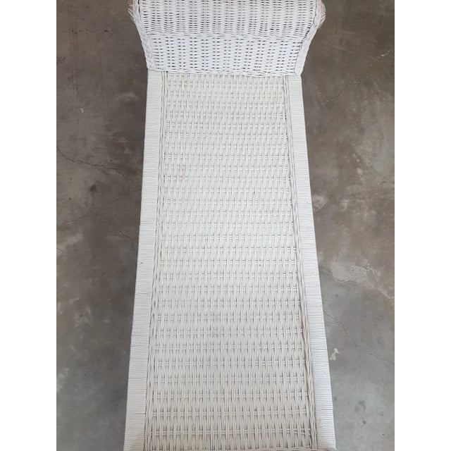 Wood Late 20th Century Vintage White Wash Wicker and Carved Wood Bench For Sale - Image 7 of 8