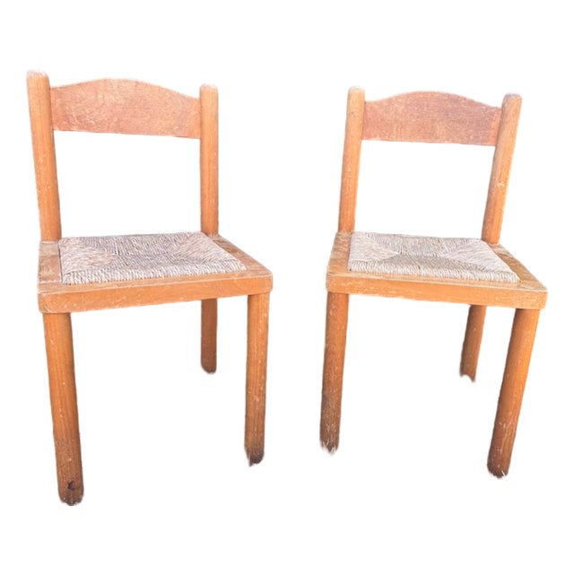 Set of 2 Early 20th Century Solid Wood Rush Seat Dining Chairs For Sale