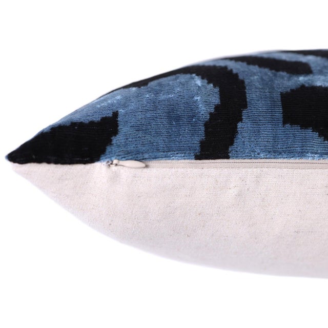 Blue Black Zebra Silk Velvet Pillow – 16x16 Handmade Ikat Cushion For Sale - Image 9 of 9