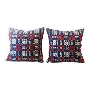 Vintage Americana Coverlet Blanket Woven Textile Decorative Square Pillows - Set of 2