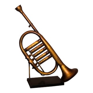 Vintage Brutalist Mixed Metal Cornet Sculpture on Stand - 15" H For Sale
