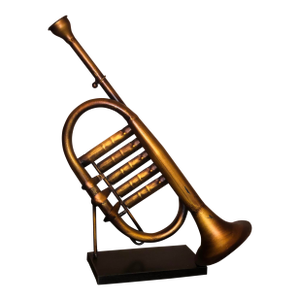 Vintage Brutalist Mixed Metal Cornet Sculpture on Stand - 15" H