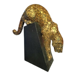 1990s Large Scale Geometric Metal Gold Patina Pouncing Leopard Sculpture on Black Plinth For Sale