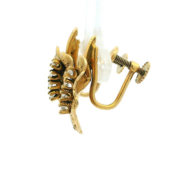 Vintage 14k Gold Diamond Leaf Earrings, American Mid-Century Screw Back Clips, A Pair For Sale - Image 9 of 12