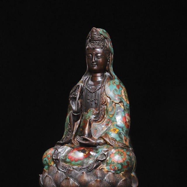 Metal Late 20th Century Gilt Bronze Cloisonné Enamel Seated Figure of Guanyin on Lotus Base For Sale - Image 7 of 9