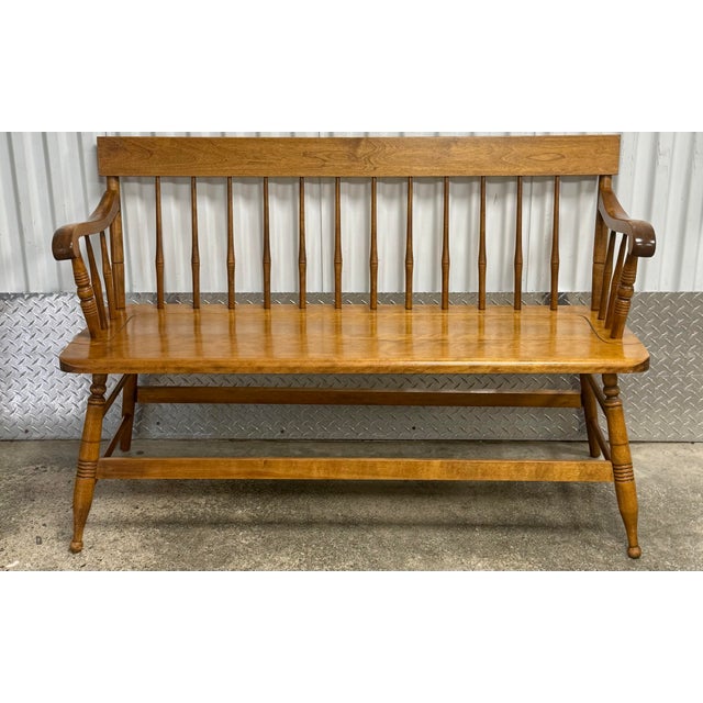 Solid maple spindle deacon's bench or railroad bench made by S. Bent & Bros. Colonial chairs in Gardner, Massachusetts....