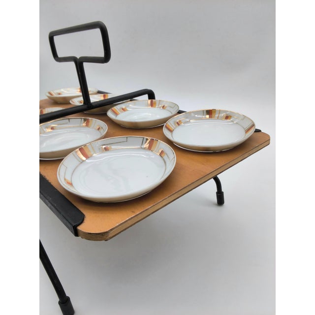 Rare Set of MCM Serving Plates and Wood Carry Holder Set of 9 For Sale In Portland, ME - Image 6 of 12