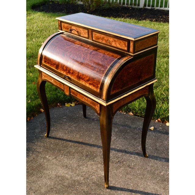 Wood Antique French Walnut Desk Burl Brass Inlay Cylinder Roll Style Bureau Ormolu For Sale - Image 7 of 16