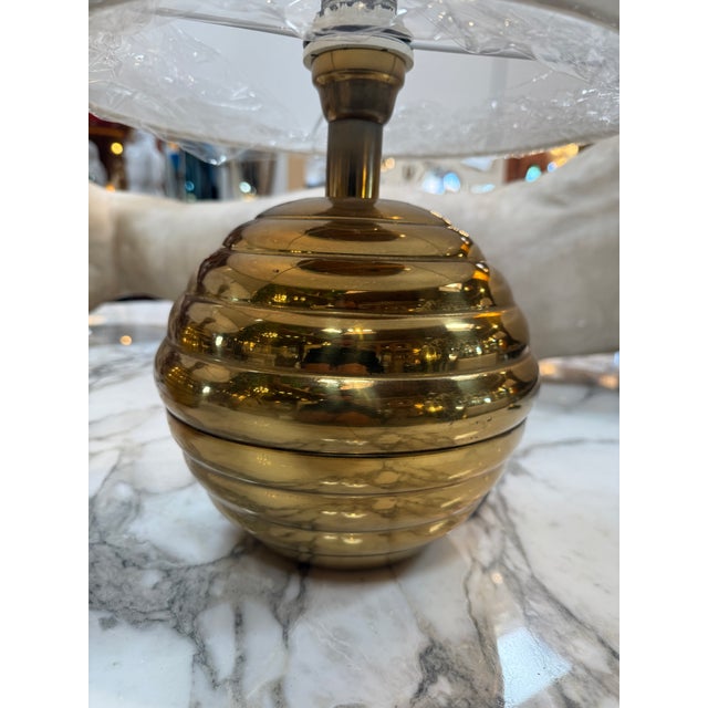 1970s Brass Ribbed Base Table Lamps With Drum Shades - a Pair For Sale - Image 4 of 7