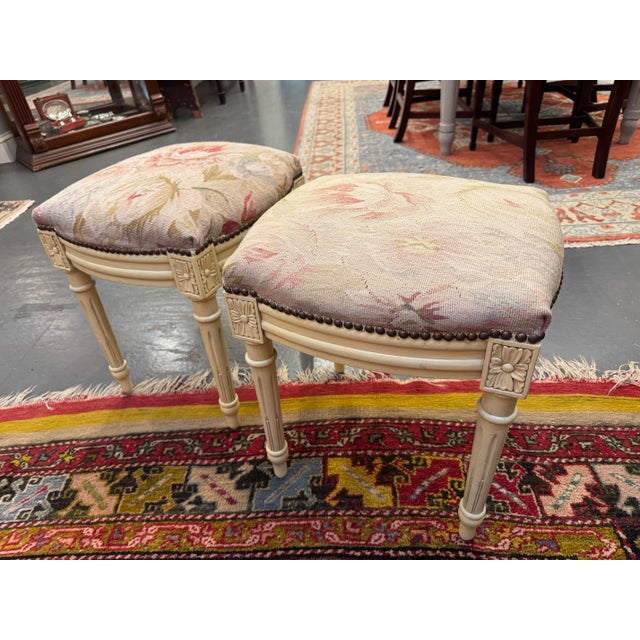 Mid 20th Century Mid 20th Century Vintage French Louis XVI Style Painted Stool With Floral Needlepoint Fabric and Nailhead Trim For Sale - Image 5 of 7