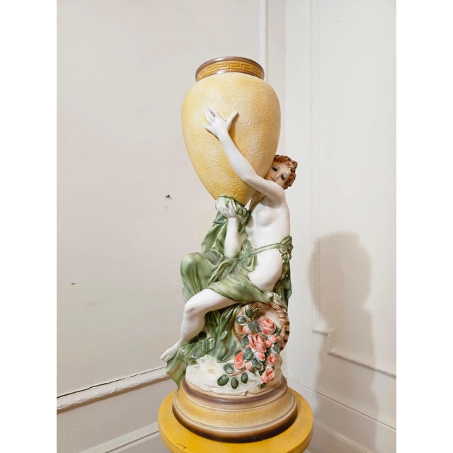 Art Nouveau 1950s Spectacular Large Chalkware Figurine With Vase on Pedestal. For Sale - Image 3 of 11