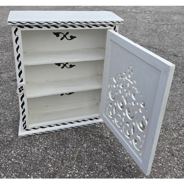Hand Painted Mediterranean Medicine Cabinet / Wall Shelf / White and Black Zouak For Sale - Image 4 of 7