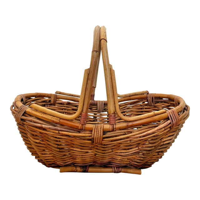 Vintage Bamboo Gathering Basket For Sale