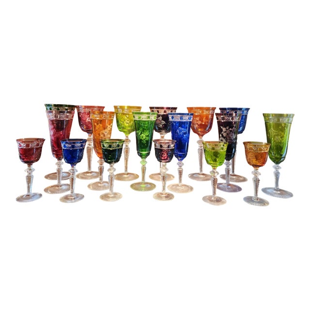 1950s Signed 18 Piece Colored Cut to Clear Bar Glass Set For Sale