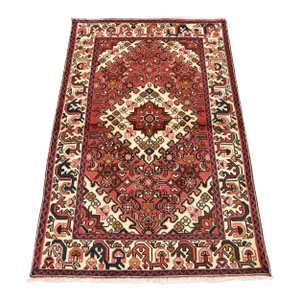 Hamedan Rug 3'3' X 5'2'' Red Wool Vintage Tribal Hand-Knotted Oriental Carpet