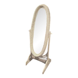 Vintage Mid 20th Century Wicker Ratan Free Standing Floor Swivel Mirror For Sale