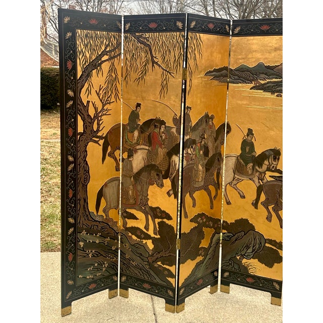 English 1970s Chinese Export Six Panel Coromandel Screen With Gold Leaf For Sale - Image 3 of 16