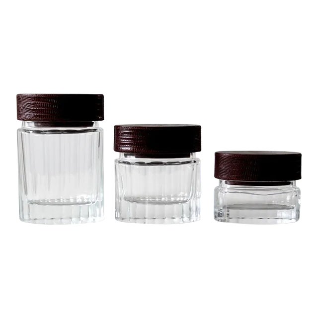 Vintage Glass Jars With Leather Lids Set of 3 For Sale