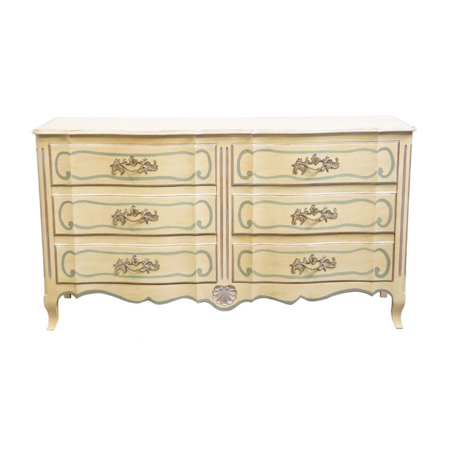 French Provincial John Widdicomb Country French Provincial Off White Hand Painted 64" Double Dresser For Sale - Image 3 of 15