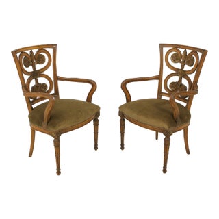 Pair Neoclassical Carved Back Open Armchairs - New Upholstery For Sale