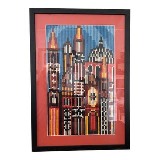 1970s Framed Geometric Cityscape Long-Stitch Needlepoint For Sale
