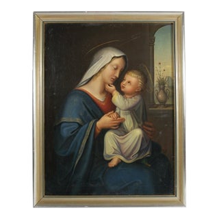 Antique 19thc Portrait of Madonna & Child Oil Painting German School Religious Scene of Virgin Mary & Jesus For Sale