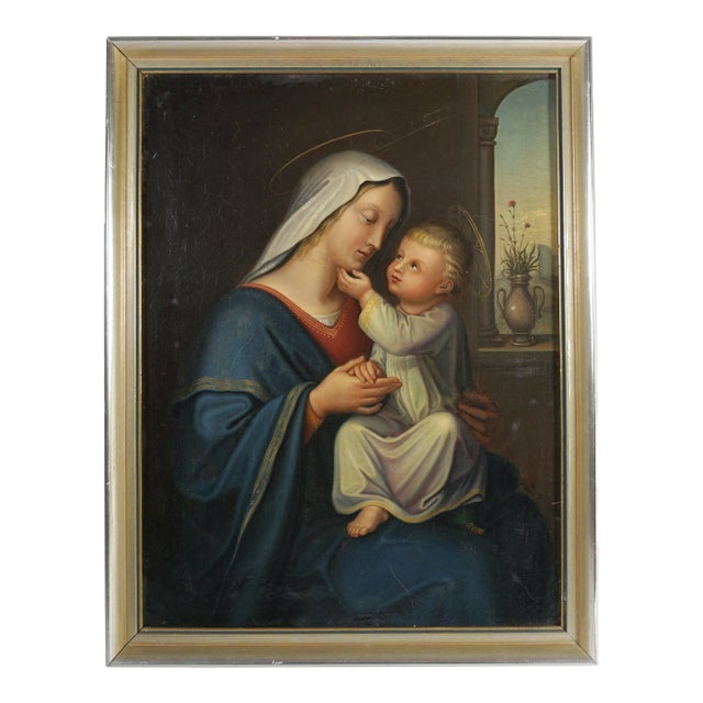 Antique 19thc Portrait of Madonna & Child Oil Painting German School Religious Scene of Virgin Mary & Jesus For Sale