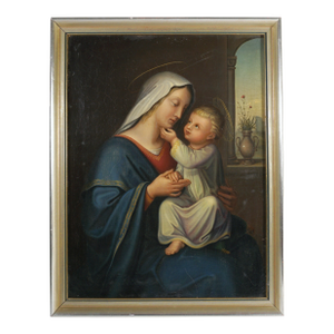Antique 19thc Portrait of Madonna & Child Oil Painting German School Religious Scene of Virgin Mary & Jesus