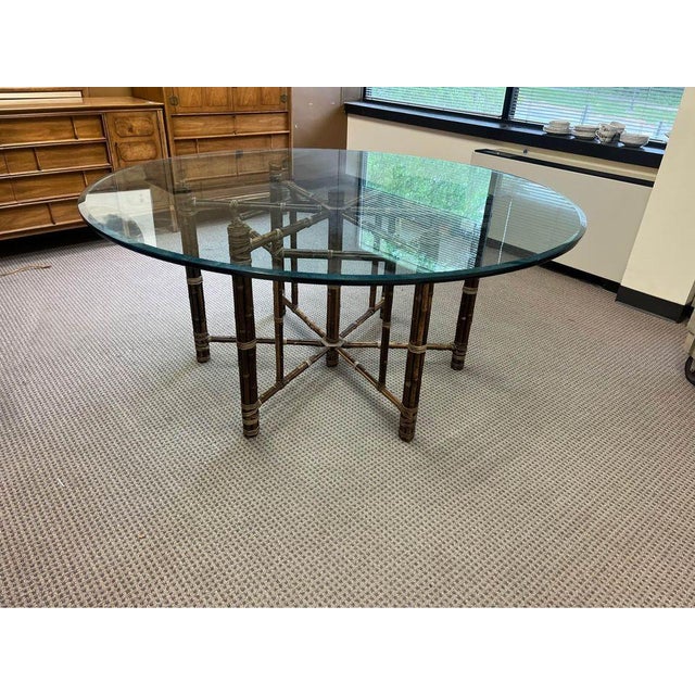 Hollywood Regency McGuire Baker Round Glass Top Faux Rattan Base Dining Table.Original Thick Glass Top 3/4”. For Sale - Image 3 of 17