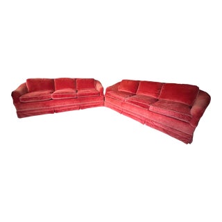 Pair of Brunschwig & Fils Coral Velvet Down Filled Walnut Sofas 2005 For Sale