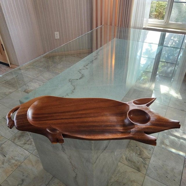 1970s Piggy Party Platter Wood Serving Tray Charcuterie For Sale - Image 12 of 12